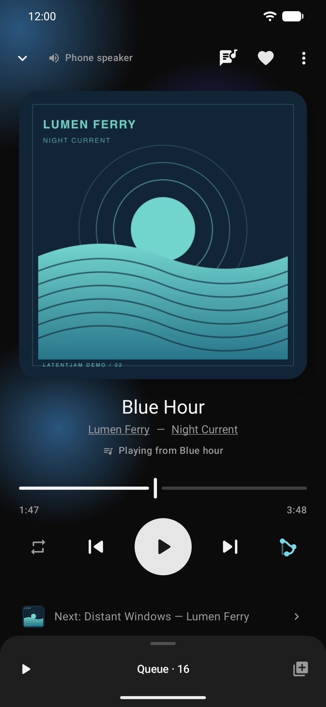 LatentJam playing Blue Hour, with blue artwork-colored light, a simple playback bar and SMART shuffle.